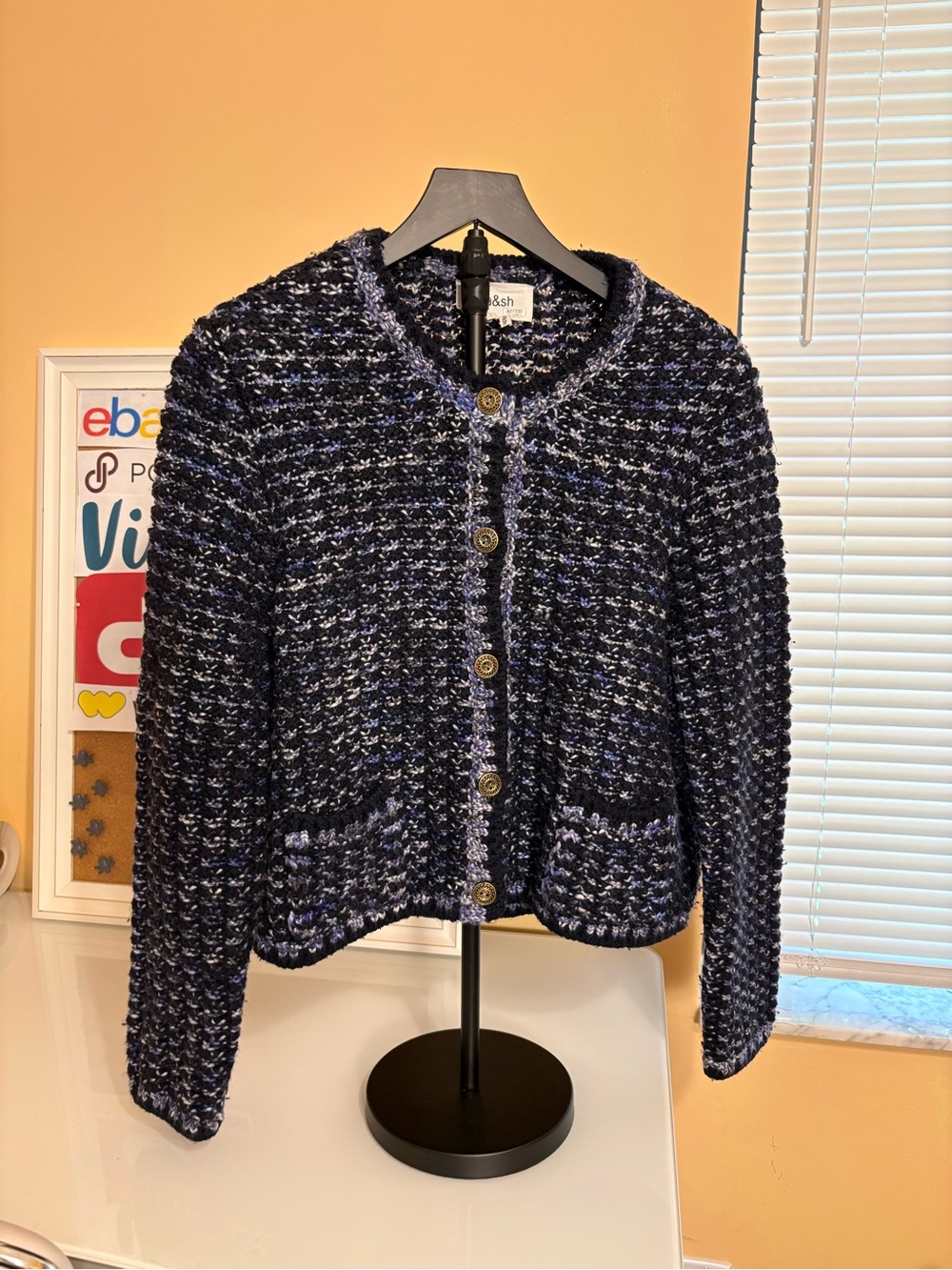 ba&sh Navy and Black Tweed Bouclé Blazer